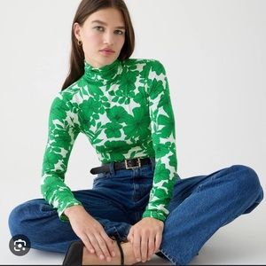 J. Crew Green and White Floral Turtleneck Top